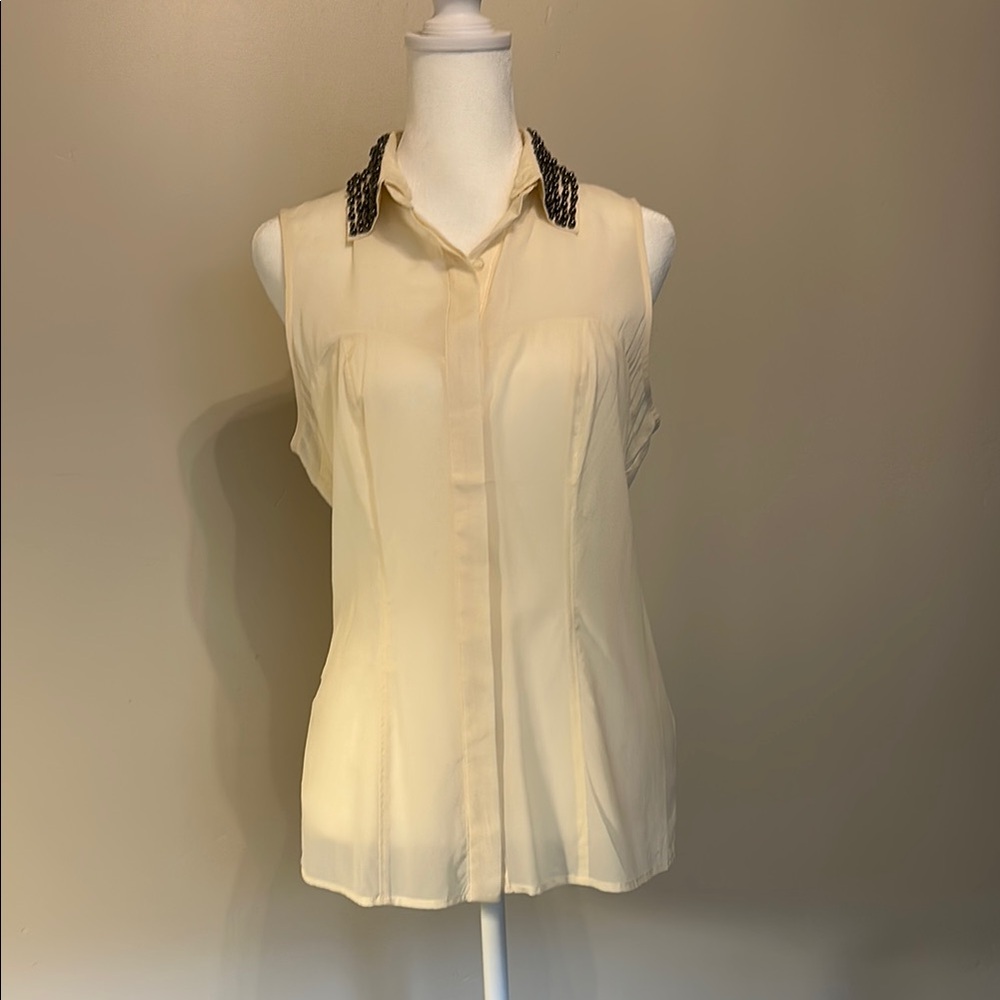 NWT - Bebe Cream Buttoned Blouse with Beaded Shirt Collar